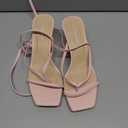 LOOPCHARM Women's Kitten Heel Strappy Open Square Toe Thong Ankle Strap Heels for Wedding,Light Pink,7