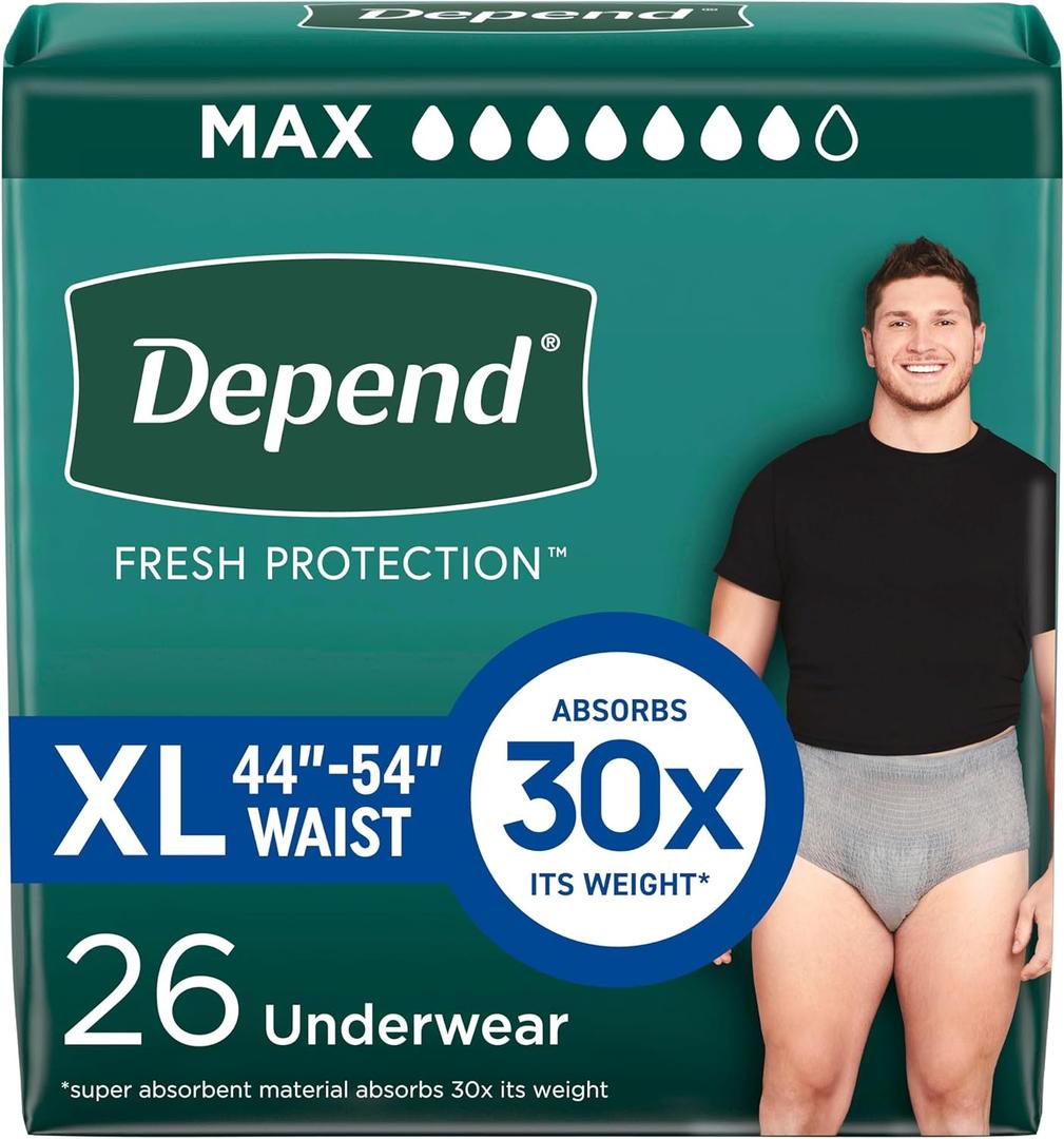 Depend Fresh Protection Adult Diapers, Incontinence Underwear for Men, Disposable, Maximum, Extra-Large, Grey, 26 Count