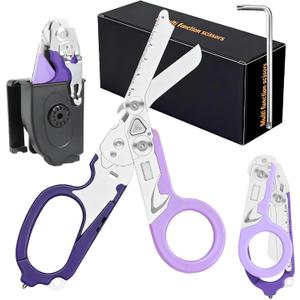 6-in-1 Multi-Tool Trauma Shears, Foldable Stainless Steel EMT Scissors with Holster for Emergency, Outdoor & Camping Rescue (Purple)