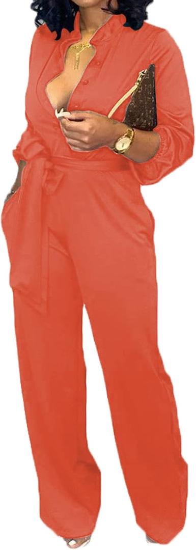 Women Jumpsuits For Elegant Sexy V Neck Long Sleeve Casual for Work Wide Leg Pants with Pockets Belt, Large