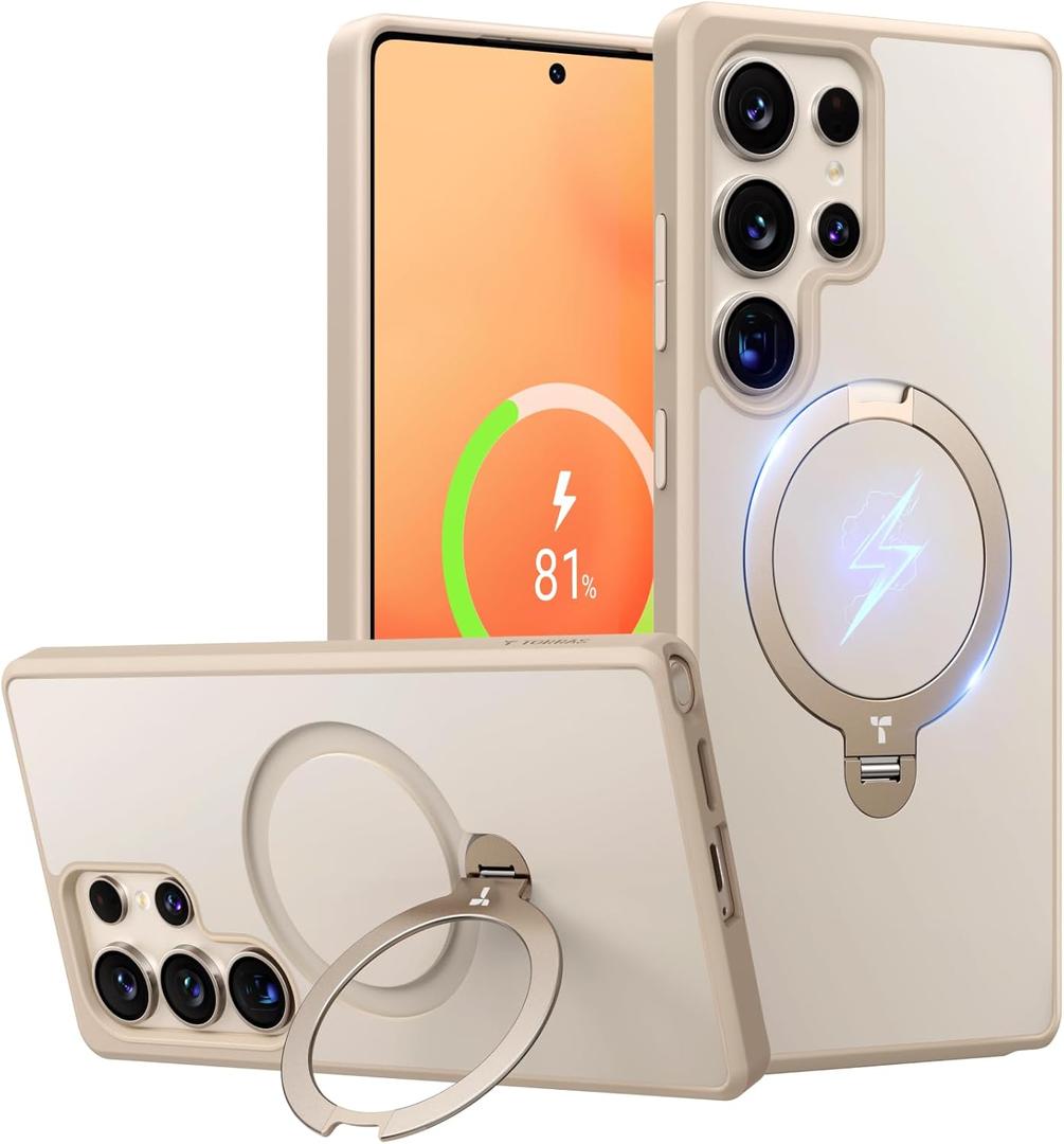 TORRAS 360 Spin Magnetic Stand for Samsung Galaxy S25 Ultra Case Beige Gold, Fit for Magsafe, Military Grade Slim Protective S25 Ultra Case with Kickstand Rotatable, Ostand Spin, Aesthetic Dune
