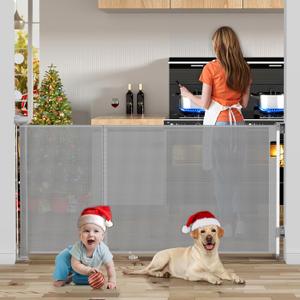 138 Inch Reinforced Retractable Baby Gates Extra Wide, Uamector Mesh Baby Gate or Dog Gate, Toddler Pet Retractable Gate Adjustable Length for Large Openings Stairs Doorways Hallway Indoor Outdoor (Gray)