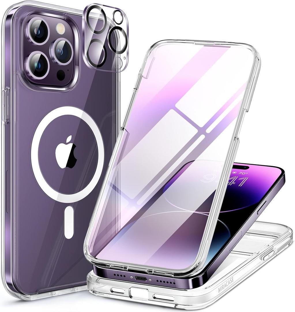 Miracase Magnetic for iPhone 14 Pro Max Case 6.7 inch, (Compatible with MagSafe) Upgrade Full-Body Clear Phone Bumper Case with Built-in 9H Tempered Glass Screen Protector, Magnetic Clear