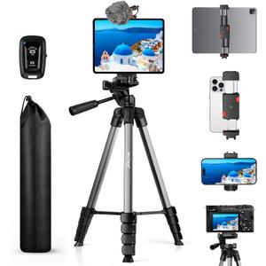 MACTREM 67" Tripod Stand for iPad iPhone Tablet Camera with 2 in 1 Mount & Wireless Remote, Aluminum Extendable Phone Tripod for Video Recording/Selfies/Live Stream/Vlogging (Grey)