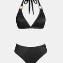 CUPSHE Women's Two Piece Bikini Sets V Neck Bathing Suits Textured Halter Side Shirred Back Hook Adjustable Straps, L