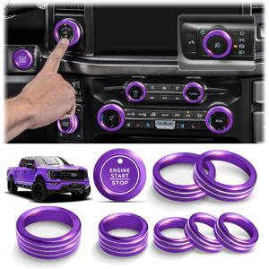 for Ford F150 Accessories 2021-2025 2026 & Super Duty F250 F350 F450 2023-2026, 9pcs Aluminum Alloy Knob Cover Trim Set - Push Start, A/C, Volume, Headlight, Trailer & Drive Mode (Purple)
