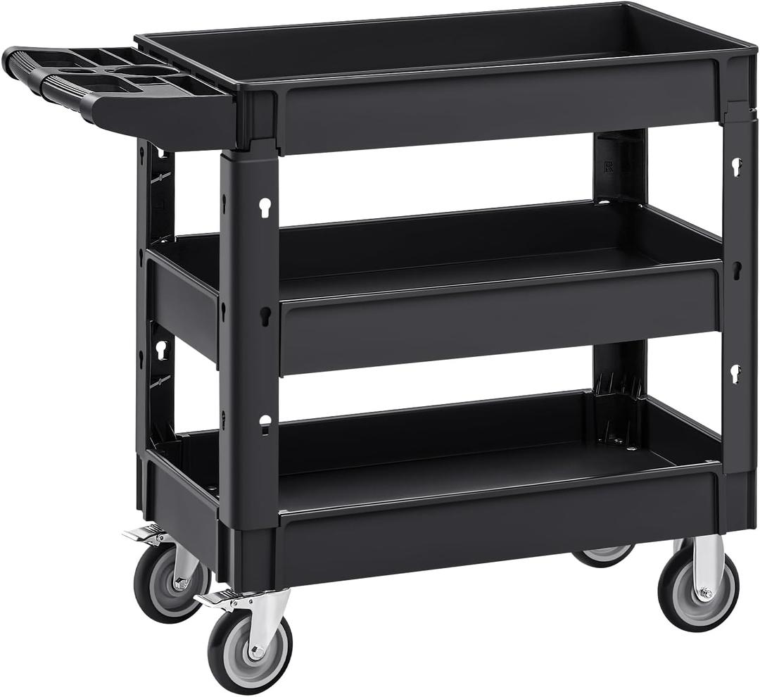 VEVOR Utility Cart, 3-Tier Plastic Service Cart with 550LBS Capacity, 360 Swivel Casters (Including 2 Locking Wheels), Medium Lipped Shelves, Ergonomic Handle, for Garage, Warehouse, Cleaning Tasks