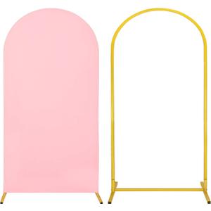 Metal Arch Stand and Cover Set,1 Pink Spandex Fitted Backdrop with 1 Gold Wedding Arched Stand Frame for Parties Birthday Baby Shower Bridal Banquet Decoration (6.6FT)