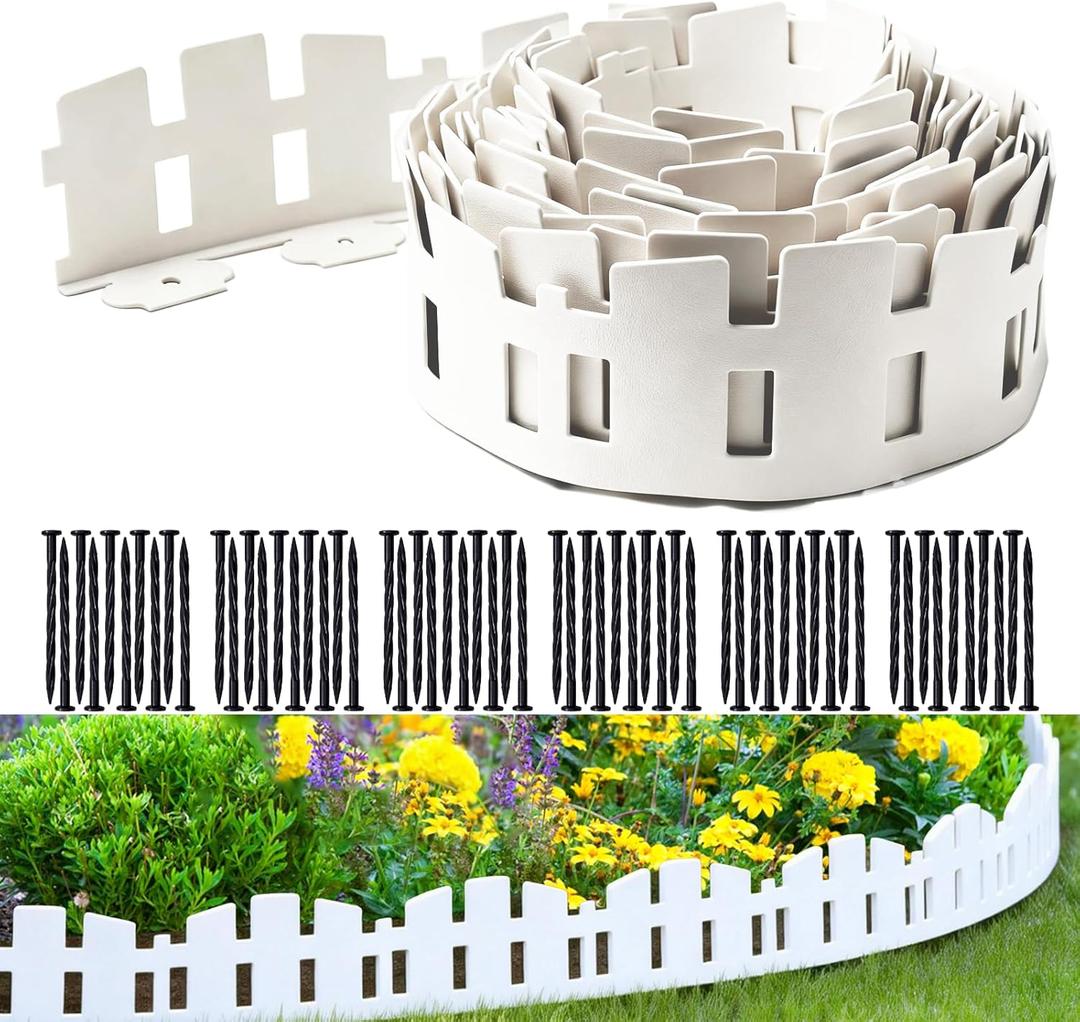 Garden Edging 33FT LOLEDE, 4.6IN Tall White Landscape Edging Border with 60 Stakes, Flexible Plastic Lawn Edging for Yard, Flower Beds,Tree Rings, Walkways & Garden BordersSquare-White