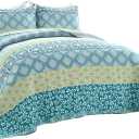 Lush Decor Bohemian Stripe Reversible Cotton Quilt Set, 3 Piece Set, Full/ Queen, Blue & Green - Striped Bedding Set - Blue Quilts Queen Size - Boho Decor