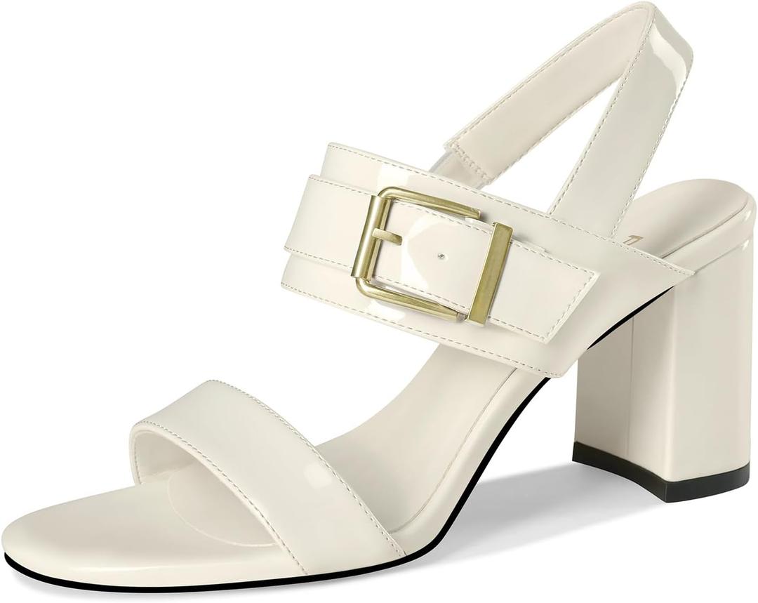 Womens Sandals High Heels Chunky Comfortable Strappy Buckle Ankle Strap Pumps Open Toe Dress Bridal Party Prom Wedding Shoes (White) 8.5