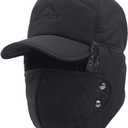 Winter 3 in 1 Thermal Fur Lined Trapper Hat with Ear Flap Full Face Warmer Cover Windproof Cycling Motorcycle Headwear (One Size, Black)