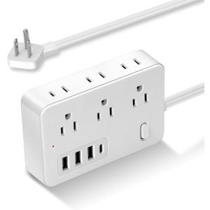 10Ft Surge Protector Flat Extension Cord Flat Plug Power Strip, 6AC Outlets, 4 USB Charger(1 USB C Port), 1700 Joules Protection, Office Supplies, Dorm Room Essentials (White)