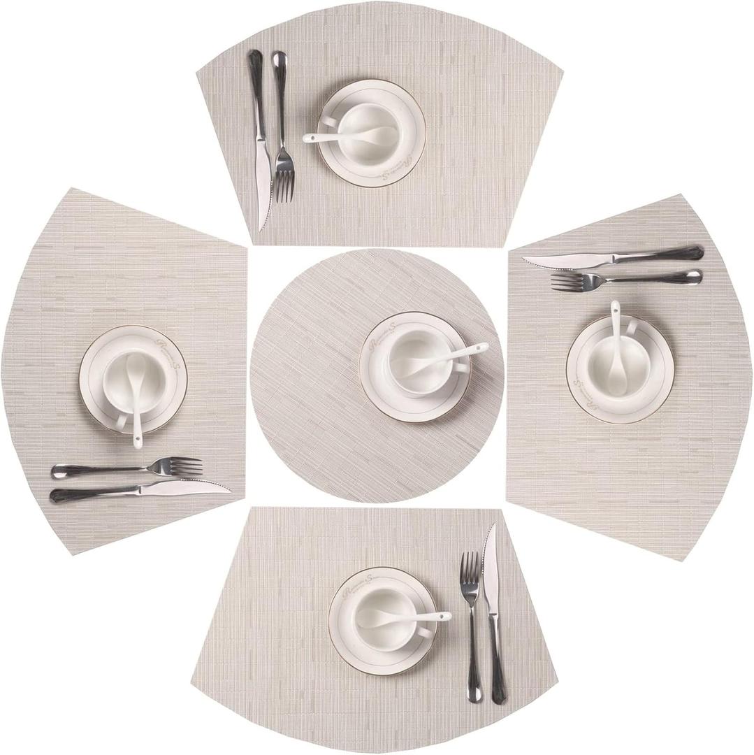 SHACOS Small Round Table Placemats Set of 5 Wedge Shaped Place Mat with Centerpiece Round Mat Heat Resistant Table Mats Washable (5, Beige)
