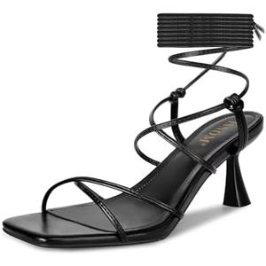 ISNOM Strappy Sandals for Women Kitten Heels Lace Up Heels Stiletto Heels Wrap Around Heels with Square Toe Size 6