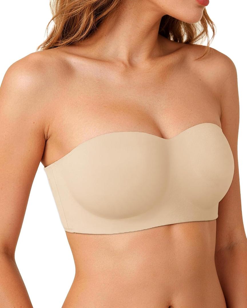 Strapless Bras for Women Jelly Supportive Bandeau Non Slip Wireless Push Up Padded Seamless Tube Top Everyday Bra 40B,40C.40D,40DD,38DDD,2XL,Nude (XXL)