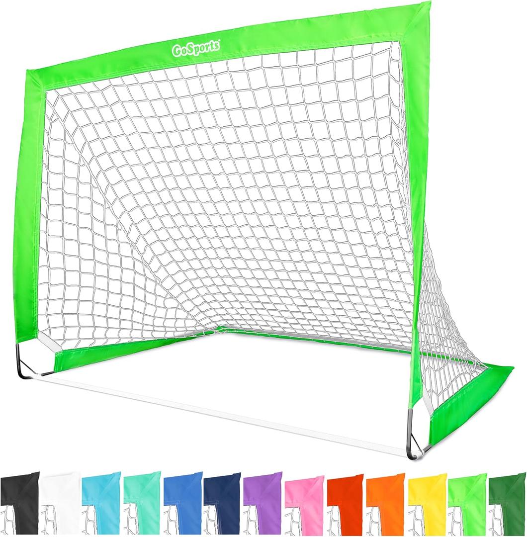GoSports Portable Soccer Goals for Kids - 13 Color Options - Choose 4 x 3 ft or 6 x 4 ft - Team Tone Pop Up Nets for Backyard (Bright Green)