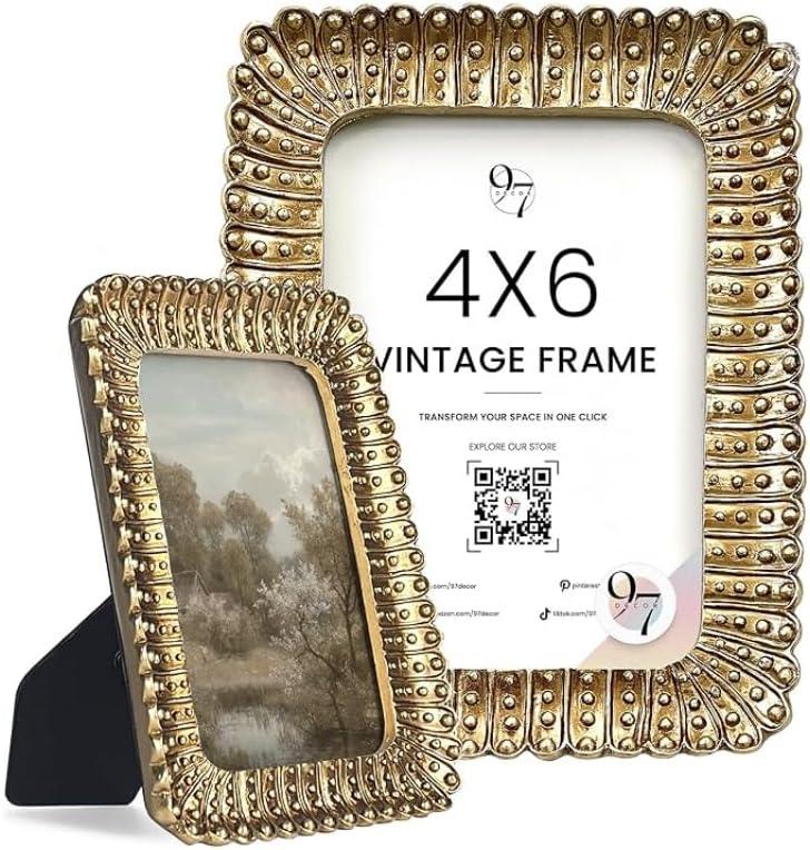 97 Decor Vintage 4x6 Picture Frame Gold - Small Gold Frames 4x6, Unique Antique Picture Frames 4x 6, Mini Ornate 4 X 6 Photo Frame With Glass Front For Tabletop And Wall Hanging Vintage Wall Decor
