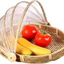 Mwellewm Food Bamboo Food Serving Tent Basket Hand-Woven Basket Serving Dustproof Round Picnic Basket Vegetable Fruits Bread Home Storage Basket with Mesh Gauze Cover Container