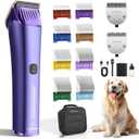 Professional Dog Grooming Clipper with Replacement Blade, 5-in-1 Adjustable A5 Blade Cordless Pet Grooming Kit 2 Speed Trimmer Hair Shaver with Detachable Metal Combs Nova for Animal Horse (Purple)