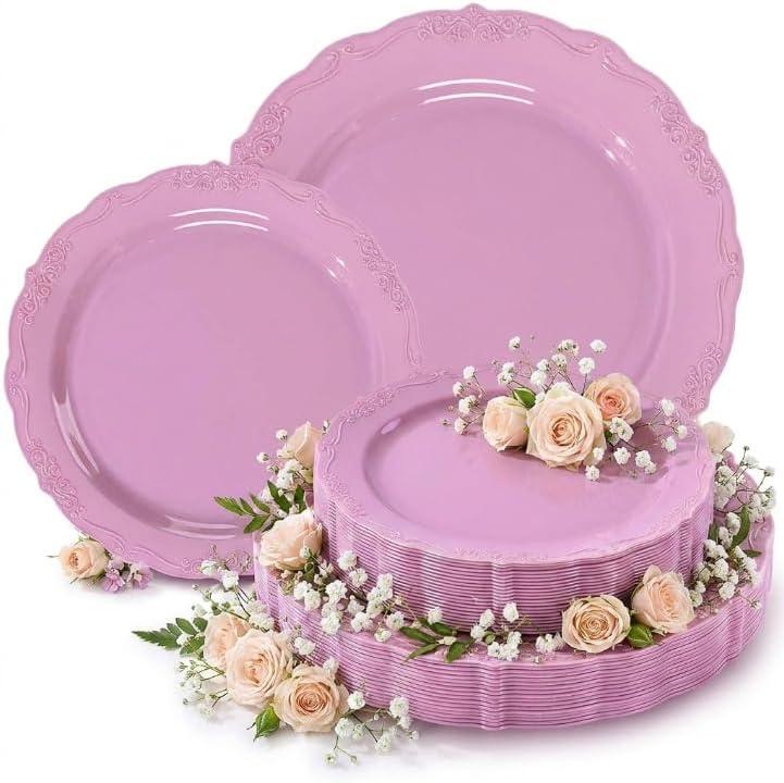 Tinybee 60PCS Light Purple Plastic Plates - Heavy Duty Purple Disposable Plates with A Pink Hue, Elegant Plastic Plates for Wedding and Party Including 30 Dinner Plates 10'' & 30 Dessert Plates 7.5''