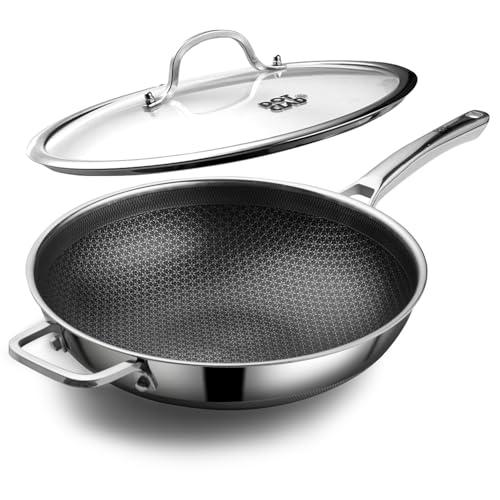 DOTCLAD Wok pan, Hybrid 12 inch Wok with Lid, PFOA Free Cookware,non stick Stainless Steel Woks & Stir-fry pans Nonstick, Dishwasher and Oven Safe, Works on Induction