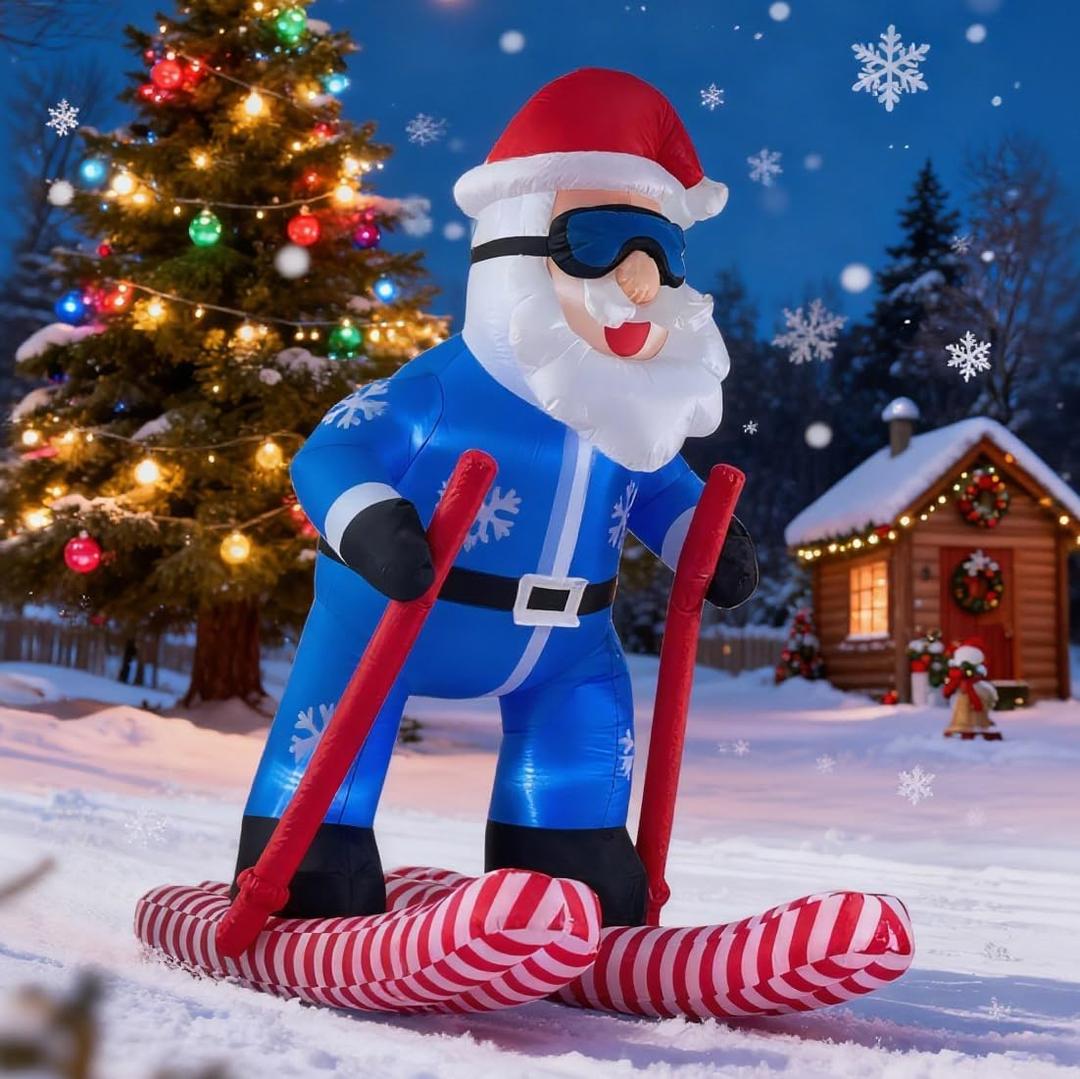 8FT Christmas Inflatable Skiing Santa Claus Decor, Blow Up Weatherproof Xmas Decorations for Yard, Built-in LED Light for Garden Lawn Outdoor Winter Holiday,Ideal for Christmas Party Xmas Gifts