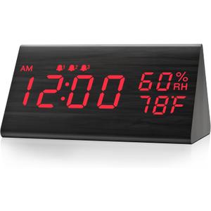 JALL Digital Alarm Clock, with Wooden Electronic LED Time Display, 3 Alarm Settings, Humidity & Temperature Detect, Wood Made Electric Clocks for Bedroom, Bedside, Red Digit Display