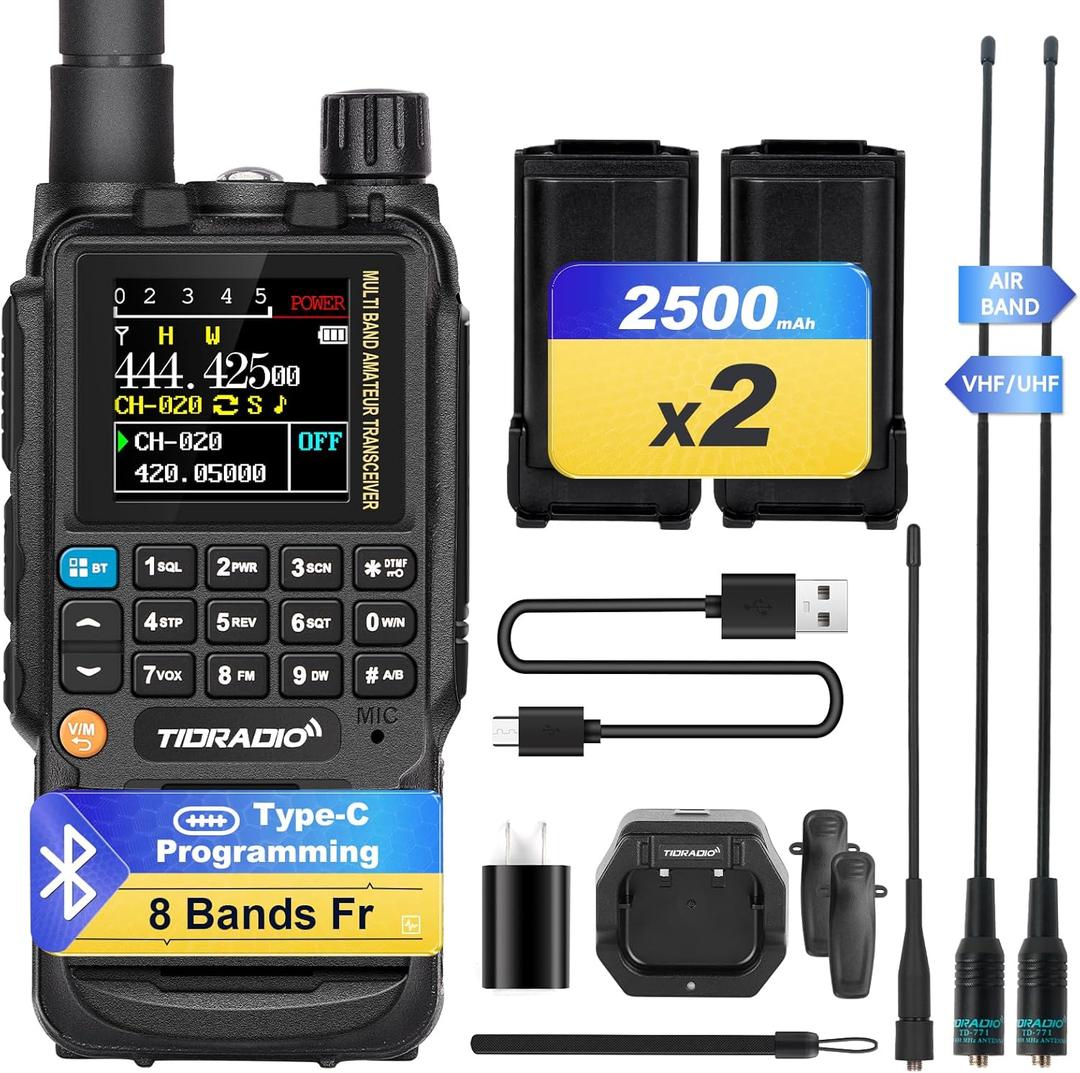 TIDRADIO TD-H3 Ham Radio Handheld(2PCS Batteries), 8-Bands, Wireless &Type C Programming, Frequency Match, Air Band &771 Long Antennas, Walkie Talkie Rechargeable Portable Two Way Radio Full Kit, 1Pack