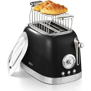 Glossy Black Cute Retro Toaster 2 Slice with 1.58" Wide Slots, Bread toaster with Cover and Warm Rack, Stainless Steel Toaster with Removable Crumb Tray, Preheat, Defrost, Cancel Function
