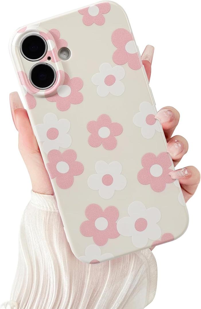 for iPhone 16 Case Cute Floral Women Girls Flower Aesthetic Design Vintage Shockproof Soft Girly Slim TPU Fashion Protective Phone Cover-White Pink