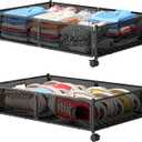 Under Bed Storage with Wheels, Foldable Metal Mesh Underbed Storage Container Bins, Tool-free Assembly Clothes Drawer Organizer, 2Pack (Black)