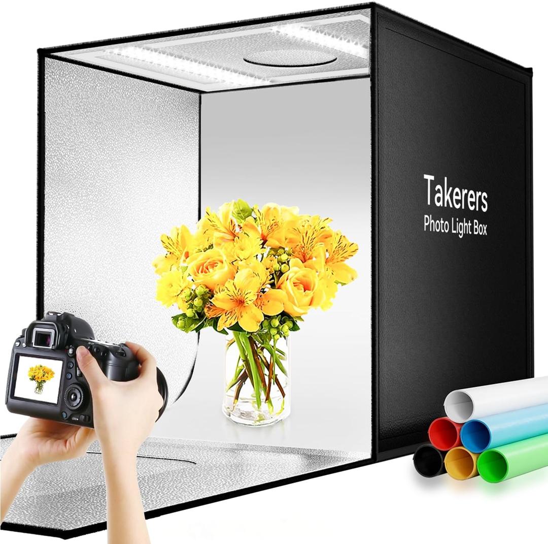 Photo Light Box Photography, Takerers Bi-Color Dimmable 24 x 24 inch Background Studio Shooting Tent Kit, 6 Color Backdrops, 3000-5600K Lighting Booth, Foldable Picture Lightbox
