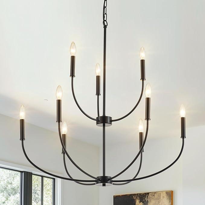 VANZARLA 9Light Black Chandelier for Entryway, Modern Farmhouse Dining Room Light Fixture, Industrial Candle Pendant Light for Foyer Stairway Living Room
