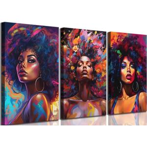 3Pcs African American Women Canvas Wall Art Colorful Graffiti Afro Girl Painting Modern Abstract Aesthetic Pictures Wall Decor Posters Print Artwork for Living Room Bedroom Home Decoration