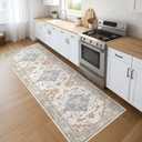 Runner Rug Kitchen Washable Rugs: 2x6 Non-Slip Boho Vintage Distressed Stain Resistant Indoor Neutral Farmhouse Throw Carpet for Hallway Bathroom Laundry Room Entryway Bedroom- Beige Blue