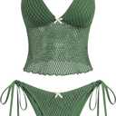ZAFUL Tankini Swimsuits for Women Lace Jacquard Bowknot Decor Tummy Control High Cut Tanga Tankini Set (Medium, B-army Green)