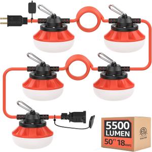 50FT Temporary Construction String Lights:50W 5500LM ETL Certified Industrial LED String Work Lights,IP65 Waterproof 18AWG Wire Super Bright for Garage Mine cave,with Hanging Hooks
