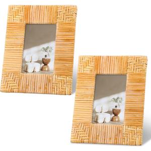 RattanView 2 Pcs 4 x 6 Inch Rattan Picture Frame Family Boho Photo Frame Beige Farmhouse Style Coastal Picture Frames