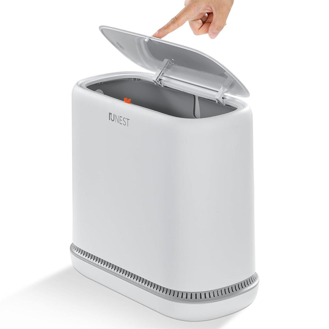 funest Bathroom Trash Can, 3.3 Gallon Slim Trash Can with Lid, Adsorption Garbage Can with Press-Top Lid, Small White Narrow Plastic Trash Bin for Bathroom, Office, Bedroom, Living Room