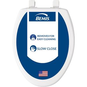 Bemis 7300SLEC Slow Close Toilet Seat, Easy Clean Hinges and Durable Plastic Seat, Made in USA, Elongated, White