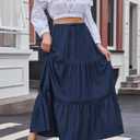 DJT Women's Boho Elegant Lace Trim Swing Tiered Maxi Skirt High Waisted Tie A Line Flowy Long Skirts with Pockets (Blue, L)