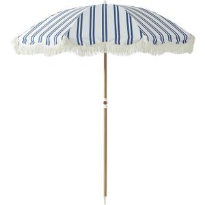 6FT Stripe Fringe Beach Umbrella for Sand with Sand Anchor, UPF 50+ Sun Shade with Tassels, Adjustable Tilt Pole, Portable Coastal Umbrella for Beach & Pool, Heritage Ocean Blue Stripe