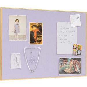 Lightomorrow Bulletin Board 30 x 20 inches, Light Lavender Pin Board, Golden Aluminum Framed Fabric Cork Board with 10 Push Pins