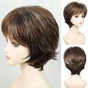 SEVENCOLORS Short Brown Wigs for White Women Pixie Cut Wigs with Blonde Highlights Natural Looking Synthetic Short Hair Wig for Women