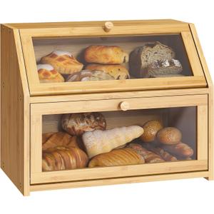 Farmhouse Bread Box for Kitchen Countertop Bread box Double Layer Bamboo Wooden Extra Large Capacity Bin Kitchen Food Storage Container, (Natural)