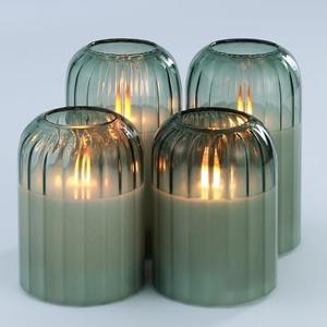 Lezonic Glass Flameless Candles Battery Operated with Remote, Dancing Flame LED Flickering Flameless Pillar Candles, Set of 4 Real Wax Fall Decorations for Home, H: 4" 4" 5" 5"(Pumpkin Green)