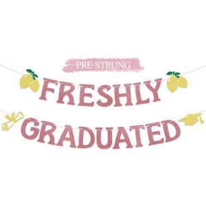 Pre-Strung Freshly Graduated Banner, 2026 Lemon Theme Graduation Sign, Rose Gold Glitter Garland for Farewell Party, Going Away Party Decorations, Graduation Wall Hanging Supplies