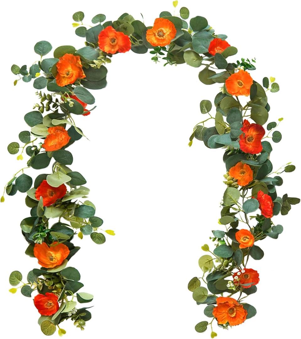 Kainonnan 5.74 FT Artificial Poppies Flower Garland, Floral Garland Greenery Vines with Eucalyptus Hanging Flowers Vines for Home Wedding Mantle Table Outdoor Decor (Orange)