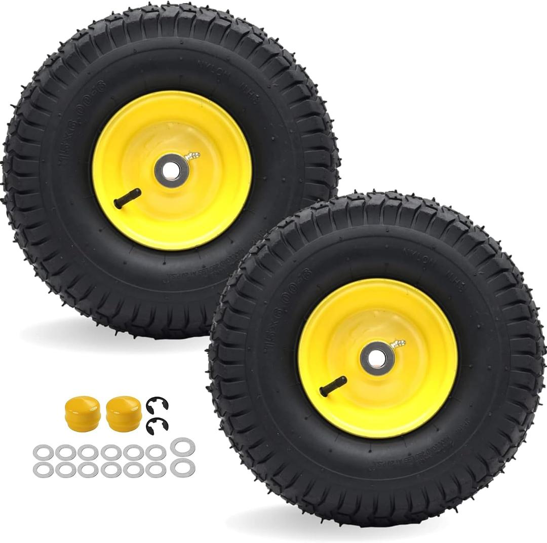 AR-PRO 15x6.00-6 Front Tire and Wheel, Compatible with John Deere 100/D100
3" Centered Hub, 3/4" Bushings, 4-Ply Pneumatic Tire, Riding Mower Front Wheel Assembly, Exact Replacement, 2-Pack